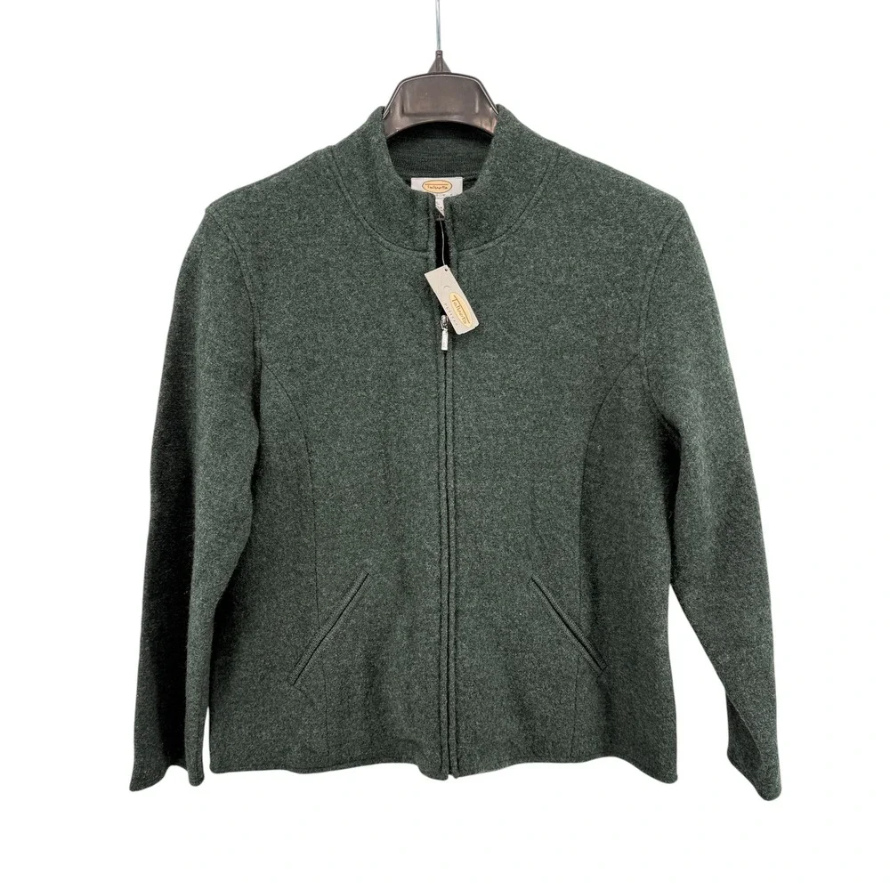 NEW Talbots FullZip Sweater Women Petite Large Cardigan Green 100% Wool MockNeck - Picture 1 of 10